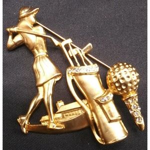 Gold Tone Rhinestone Woman Golfer, Golf Bag, Golf Ball pin Brooche Female Clubs